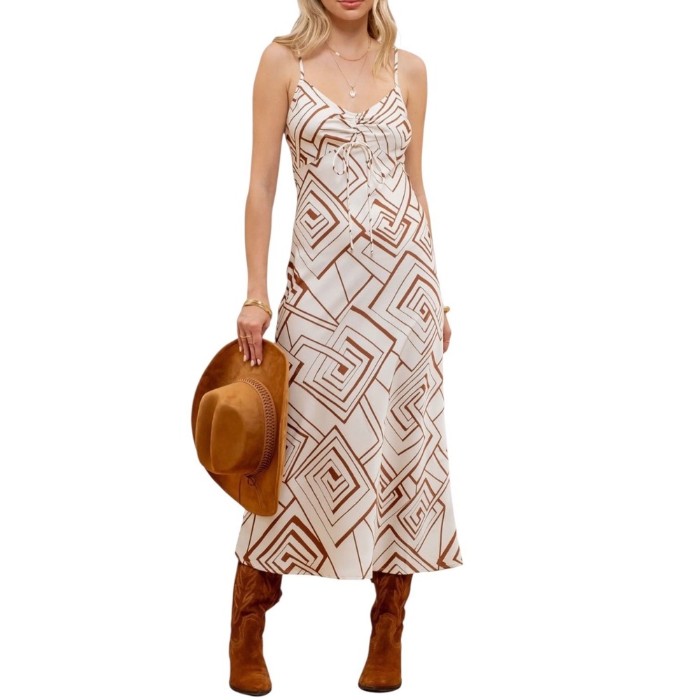 Blu Pepper Geometric Front Tie Midi Dress Brown Cream Satin Women's Medium